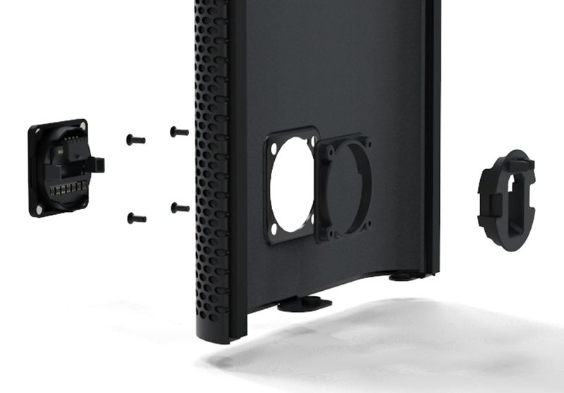 Exploded view: badge, grille, mounting frame and rotating carrier