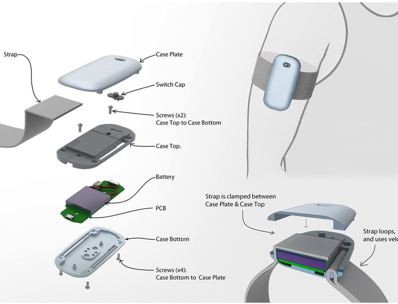 Case, PCB, battery; strap clamped between plate and top